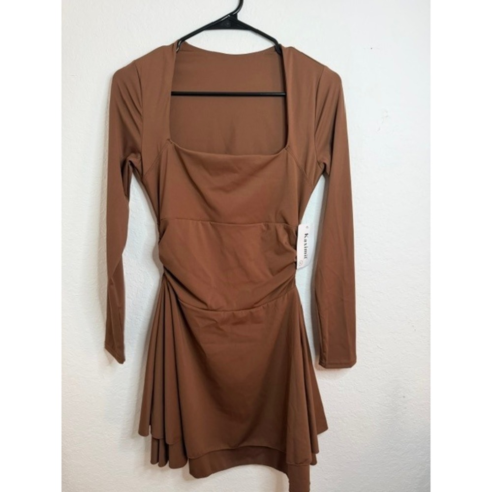 Kaximil Women Brown Long Sleeve Square Neck Ruched Tiered Mini Dress Small NWT